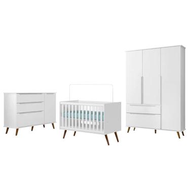 Imagem de Dormitório Melinda Guarda Roupa, Cômoda com Porta e Berço Retrô Branco Acetinado - Phoenix Baby