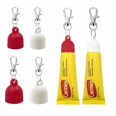 Imagem de 【Pacote com 4】Suporte de protetor labial com chaveiro, capa de substituição portátil compatível com protetor labial clássico Carmex, 9,9 g, design à prova de vazamento, nunca perca seu brilho labial