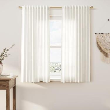 Imagem de Cortinas de cozinha de linho branco bege, 113 cm de comprimento, 2 painéis, aba traseira, bolso para haste, semitransparente, filtragem de luz, curta, quinta, café, mini cortina de privacidade