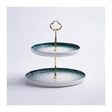 Imagem de Suporte de bolo de 2 camadas, mesa de sobremesa de cerâmica com alça de metal, suporte multiuso para exibição de cupcake, bandeja de chá da tarde, pastelaria, suporte de cupcake (azul grande) (verde P