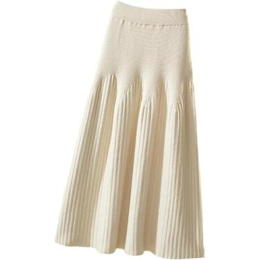 Imagem de Saia De Malha Feminina Cintura Alta Saia Evasê Sólida Plissada Saias De Tricô Guarda-chuva Midi, Beige, M