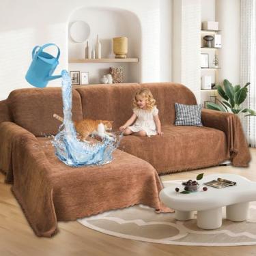 Imagem de ROFASVCO 1OO% capas de sofá seccionais impermeáveis para cães, chenille, em forma de L, conjunto de 2 capas seccionais com borla, protetor de móveis para animais de estimação macio lavável (GG, marrom