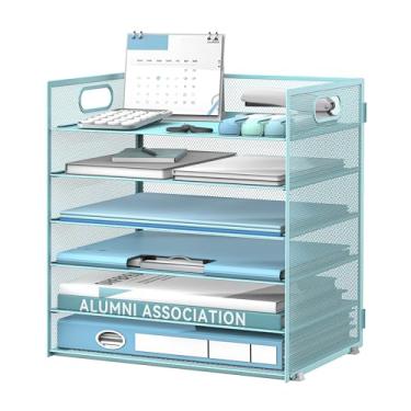 Imagem de Daltack Organizador de papel de 6 camadas para mesa, organizador de bandeja de papel para mesa, organizadores de arquivos de mesa de malha com alça para escritório, casa, escola, azul