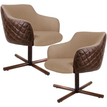 Imagem de Kit 02 Poltronas Decorativa Giratória Base X Jade D02 Linho Bege C-129 Tressê Corano Marrom - Lyam Decor