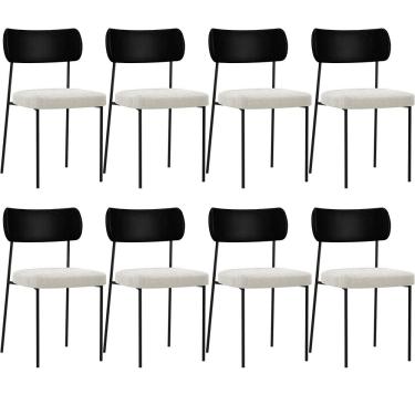 Imagem de Kit 08 Cadeiras Estofadas Para Sala De Jantar Melina L02 Couríssimo Preto Bouclê Creme - Lyam Decor