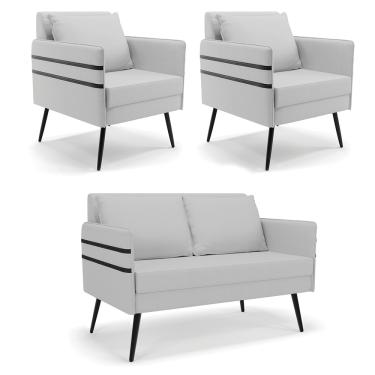 Imagem de Kit 01 Namoradeira 02 Lugares e 02 Poltronas Mari Linho Cinza A05 Pés Palito de Ferro - D'Rossi