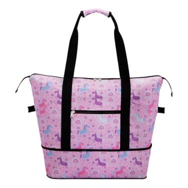 Imagem de HAWEE Bolsa esportiva expansível para mulheres com manga de carrinha/bolso molhado, bolsa de viagem para fim de semana, grande bagagem de mão, Unicórnio rosa, One Size, Bolsa esportiva expansível
