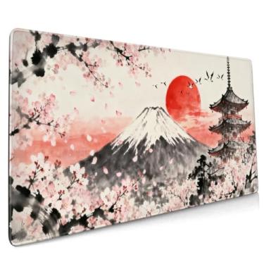 Imagem de Mouse pad de flores de cerejeira japonesas 35,4 x 15,7 2GG preto cinza rosa vermelho aquarela design grande mousepad teclado mouse pad pad pad com base de borracha antiderrapante bordas costuradas