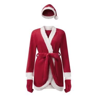 Imagem de WNGECAT Women Christmas Santa Dress Plush Patchwork Contrast Color Long Sleeve Wrap V-Neck Dress Costume (Burgundy, L)