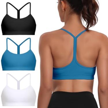 Imagem de Sutiãs esportivos acolchoados com alças finas para mulheres - Tops de ioga nas costas em Y (pacote com 3), Preto e branco azul-royal, M