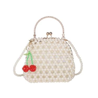 Imagem de SHESRA Bolsa clutch feminina de luxo com pérolas brancas, design de pérolas artificiais com bolso Jetted, perfeita para mulheres, mulheres, meninas, noite, casamento, festa, viagem 18 x 16 cm