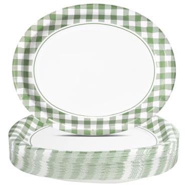 Imagem de Denwiller 50 peças de pratos ovais de guingão verde sálvia 25,4 cm x 30,5 cm, pratos descartáveis de papel quadriculado verde e branco buffalo, utensílios de mesa de jantar xadrez para casamento