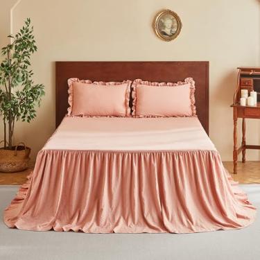 Imagem de MR&HM Conjunto de colcha com saia de babados de microfibra escovada – 76 cm de comprimento, 2 peças, colcha de cama estilo chique, rosa coral, colcha macia e fronha, decoração vintage de fazenda