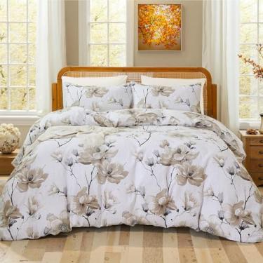 Imagem de Jogo de cama King floral cinza, botânico, reversível, folhas douradas, conjunto de edredom de algodão de microfibra macia