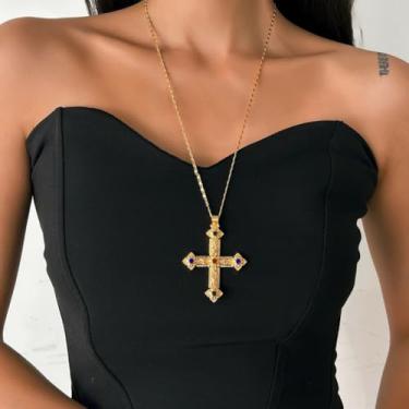 Imagem de Colar com pingente de cruz para mulheres, joias Y2K, colares de cruz de prata, banhado a ouro, joia religiosa, One Size, Metal, Sem Pedra Preciosa