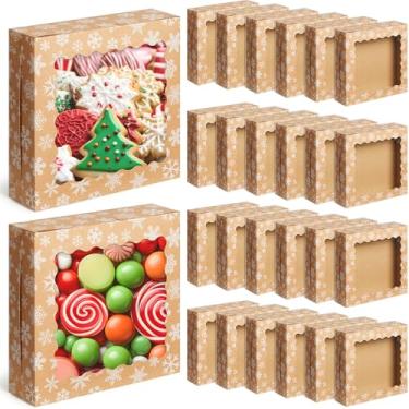 Imagem de FoldTier 24 caixas de biscoito de Natal Kraft com janela a granel 24 x 23 x 6 cm, caixas de presente de padaria de floco de neve de Natal para presentes de festa de Natal