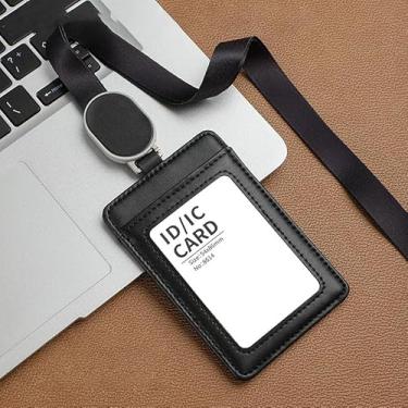 Imagem de Porta-crachá de identificação de couro com cordão de pescoço, suporte de cartão profissional para cartões de acesso ao trabalho e credenciais (preto)