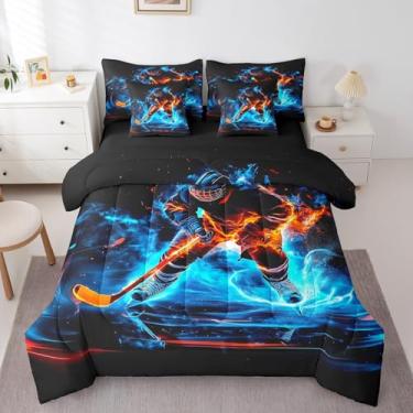 Imagem de Erosebridal Jogo de cama solteiro de hóquei no gelo, 7 peças, jogos esportivos no gelo, decoração de quarto de crianças, adolescentes e adultos, para eventos esportivos de hóquei, com edredom
