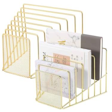 Imagem de Simmer Stone 2 classificadores de arquivos inclinados, 7 compartimentos para cartas, documentos, pastas e livros, organizador de mesa de metal para casa, escola e escritório (2 dourados)