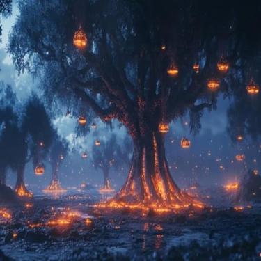 Imagem de Quadro Decorativo de Paisagem Florestal Mágica Noturna com Árvores Luminosas - Arte Moderna para Decoração de Ambientes 50x50cm