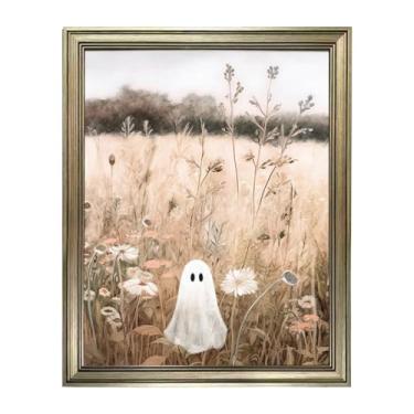 Imagem de Arte de parede em tela de Halloween pintura fantasma emoldurada flor branca e lindo fantasma paisagem imagem impressão vintage decoração de parede
