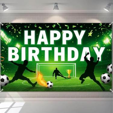 Imagem de HOMETITUTE Faixa de futebol feliz aniversário estádio verde gol troféu jogadores futebol tema feriado evento decoração faixa de aniversário festa interior exterior fundo 71 x 43 polegadas