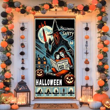 Imagem de BlissYard Capa de porta de Halloween assustadora decoração de porta interna externa com pôster vintage de filme de terror e abóbora Jack-O-lanterns portas festivas mural tema assombrado 180 x 89 cm