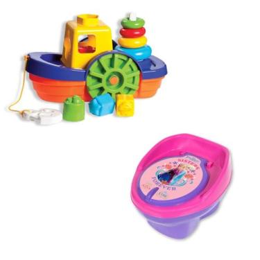 Imagem de Kit Troninho Frozen Princesa Disney+Brinquedo Barco Encaixar Pedagógic