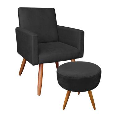 Imagem de Kit Poltrona E Puff Redonda Veludo Pés Palito Castanho Preto