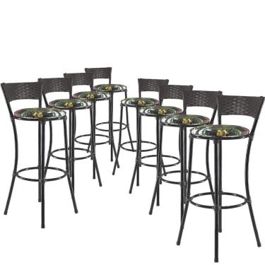 Imagem de Jogo Com 8 Banquetas Altas Forts Fibra Uv Bancada, área Goumert, Bar, Piscina, Balcão, Floral Preto