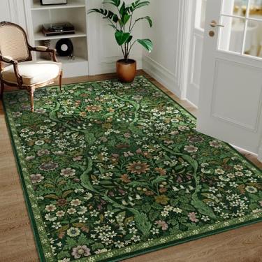 Imagem de Tapete Boho Floral Verde Escuro 10 x 15 cm, Resistente a Manchas Antiderrapante Lavável na Máquina para Sala de Estar, Quarto, Cozinha, Entrada, Sala de Jantar, Quarto de Bebé