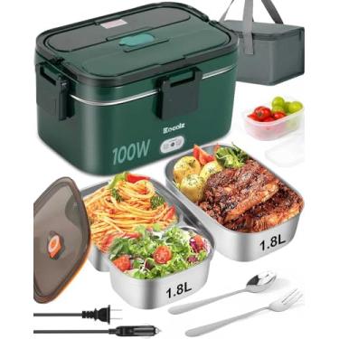 Imagem de Eocolz Lancheira elétrica aquecedor de alimentos 100 W, aquecedor de alimentos com recipiente duplo 1,8 L lancheira aquecida portátil para caminhão de carro trabalho garfo e colher de aço inoxidável