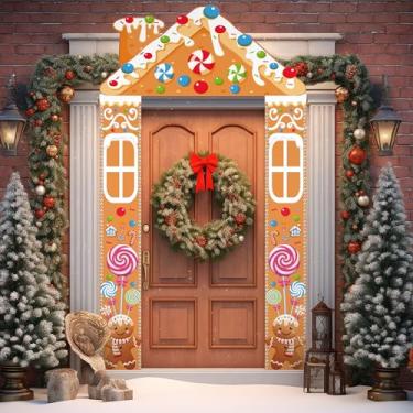 Imagem de Mindsoft Capa de porta de casa de pão de gengibre de Natal, decorações de festa, faixa de pão de gengibre, placa de varanda de Natal para casa, sala de aula, decoração de suprimentos de festa (fofo)