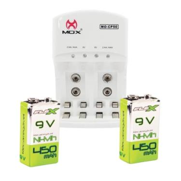 Imagem de Baterias 9V Recarregáveis com Carregador Rápido, 450mAh, Kit com 2 Peças