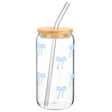 Imagem de Copo de vidro com tampa e canudo, capacidade de 473 ml, design de laço azul, perfeito para suco e chá com leite em casa, escritório ou escola