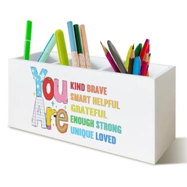 Imagem de YTRGI Porta-lápis colorido inspirador You Are Affirmation para mesa, presentes de afirmações positivas, placa de bloco de madeira motivacional para decoração de mesa de escritório em casa