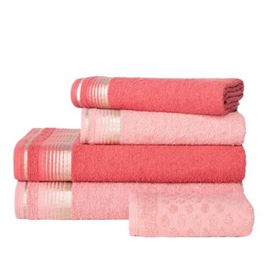 Imagem de Jogo Toalhas 5 Peças 2 Banho, 2 Rosto, 1 Piso Algodão - Rosa Toalhas(ROSA + CEREJA)