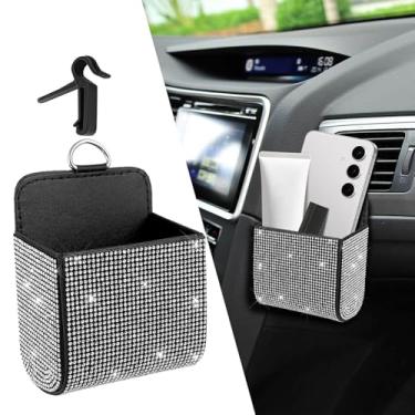 Imagem de HQRNYP Organizador de armazenamento de ventilação de carro, porta-moedas para carro, bolso de couro para ventilação automotiva com strass, acessórios universais para carro, caixa com gancho, serve