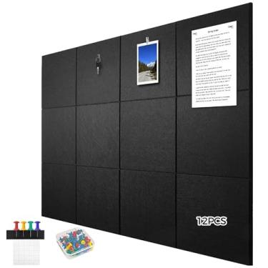 Imagem de Kit de azulejos acústicos de parede, 12 peças de painéis pretos de 11,8 x 30 cm, espuma de poliéster de amortecimento de som, 30 pinos de pressão para montagem rápida, uso doméstico e em estúdio