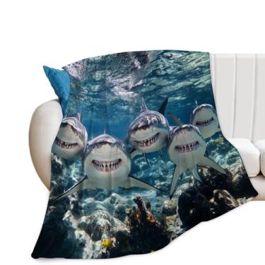 Imagem de Manta engraçada de tubarão, vida marinha, animais, presentes para meninas, meninos, crianças, amantes de tubarões, pelúcia macia e aconchegante de lã para sofá, cama, 127 x 101 cm