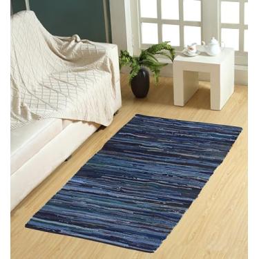 Imagem de VEVARA HOMES Tapete Chindi de algodão feito à mão, pano lavável, reciclado, para decoração de casa, sala de estar e quarto (azul marinho, 9,5 x 1,5 m)
