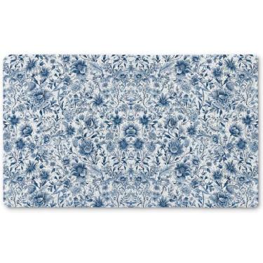 Imagem de Qnhij Chinoiserie Tapetes florais de boas-vindas para porta da frente, tapete de porta azul e branco, capacho botânico Grandmillennial para varanda externa, entrada interna, tapete de banho de flores