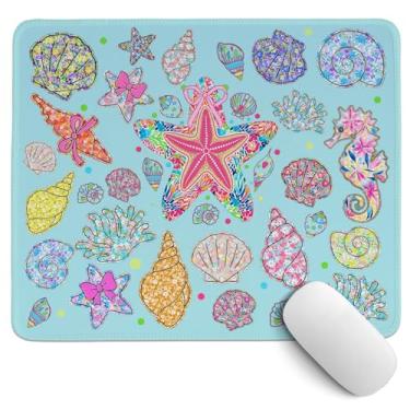 Imagem de PaJiaNi Tapete de rato de verão com conchas silvestres, mouse pad de praia costeira azul, cavalo marinho do oceano, estrela-do-mar, almofadas de mesa femininas de verão para decoração de dormitório