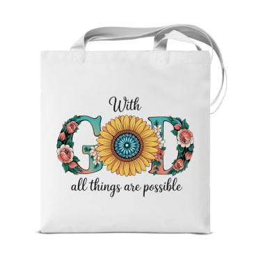 Imagem de KSFFWQIN Sacola feminina de lona para presentes cristãos, inspiradora, reutilizável, bolsa de ombro para compras, trabalho, viagem, with God All Things Are Possible Totes