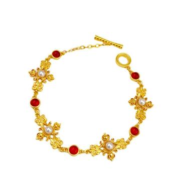 Imagem de Pulseira de pérola banhada a ouro e miçangas vermelhas para mulheres