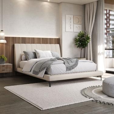 Imagem de Cama Casal com Cabeceira Estofada Linho Moon Bege