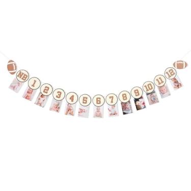 Imagem de Banner de foto de aniversário de futebol - Decoração de futebol recém-nascido a 12 meses, faixa de foto de rúgbi do primeiro ano, adequado para adereços de imagem de 1 a 12 meses