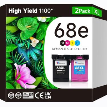 Imagem de Cartuchos de tinta 68e 68XL Pacote de pente de reposição 68e preto + 68e Tri-Color compatível com HP 68 68XL 68e cartuchos de tinta para impressoras Envy 6152e 6155e 6552e 6555e 6558e | 2 pacotes de