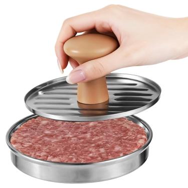 Imagem de OMISTAR Prensa de hambúrguer, prensa de hambúrguer de aço inoxidável 304 com cabo de madeira, 13 x 13 x 7,9 cm, hambúrguer antiaderente para churrasco, cozinha, restaurante