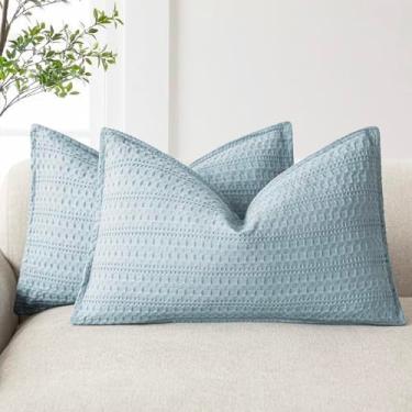 Imagem de Foindtower Conjunto de 2 fronhas decorativas de algodão Waffle Weave lombar Euro Sham fronhas europeias para cama, sofá, quarto, sala de estar, decoração de casa, 30 x 50 cm, azul claro